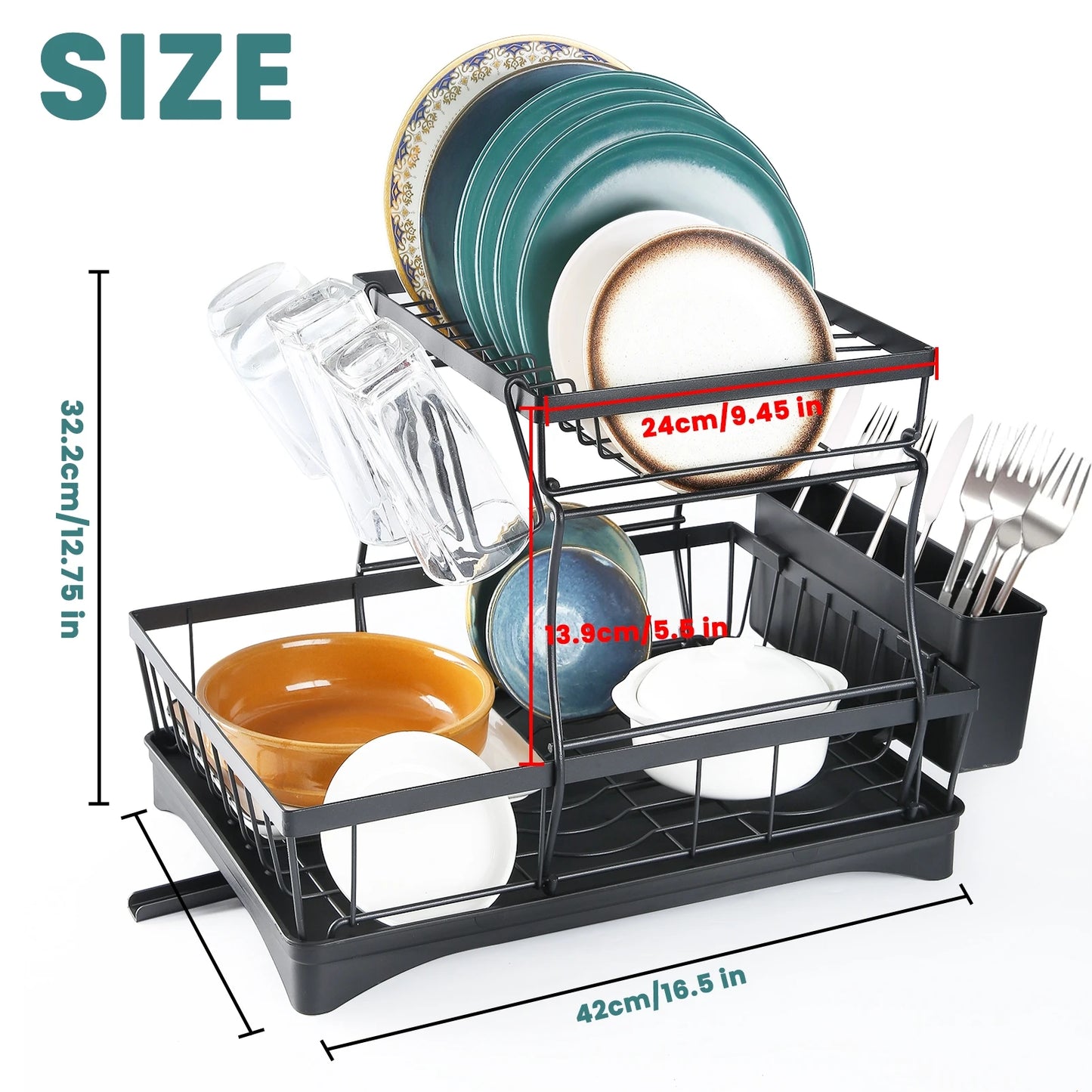Large Two Tier Metal Dish Drying Rack For Kitchen Countertop