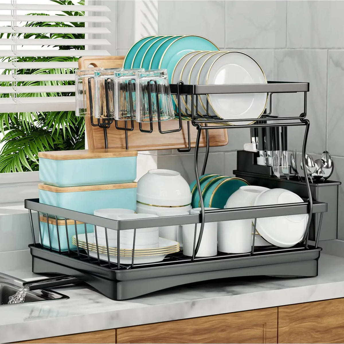 Large Two Tier Metal Dish Drying Rack For Kitchen Countertop