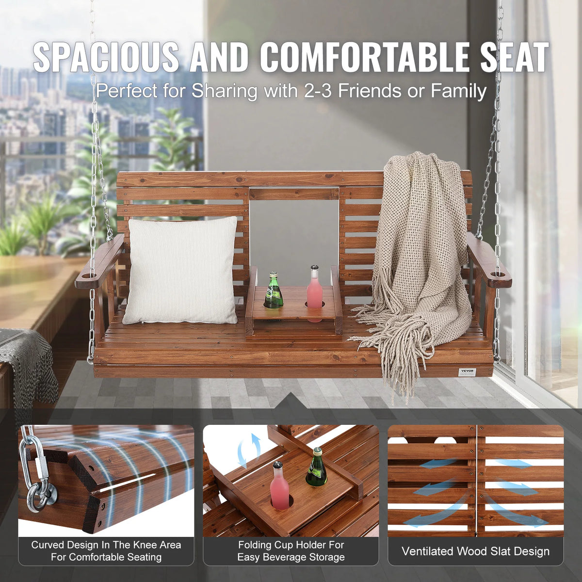 SucceBuy Outdoor Cedar Porch Swing Heavy Duty Patio Bench