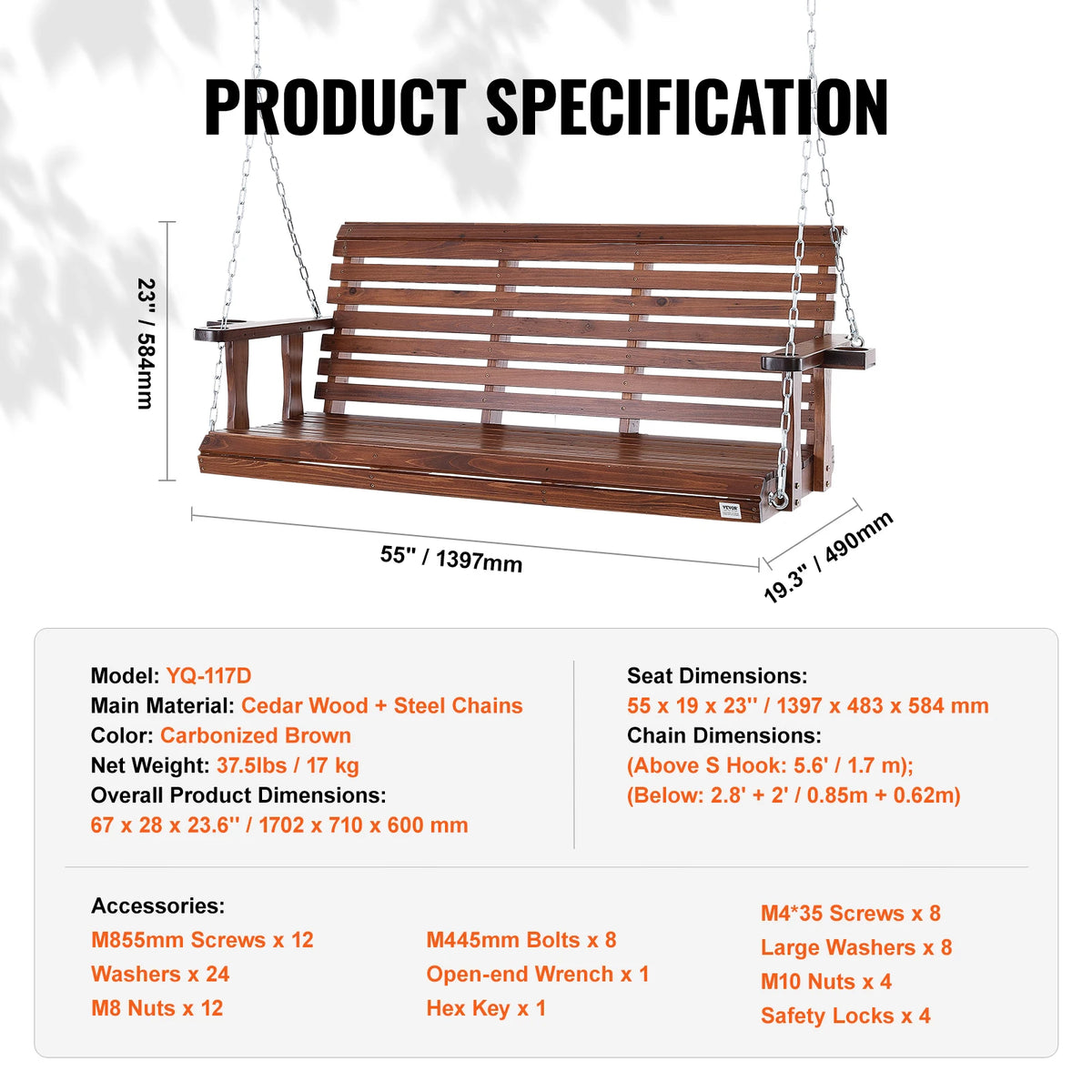 SucceBuy Outdoor Cedar Porch Swing Heavy Duty Patio Bench