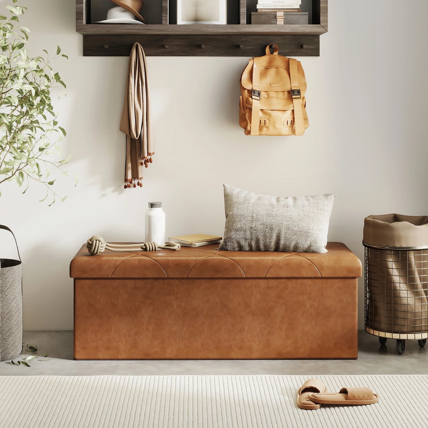 Tufted Faux Leather Folding Storage Bench Ottoman Heavy Duty