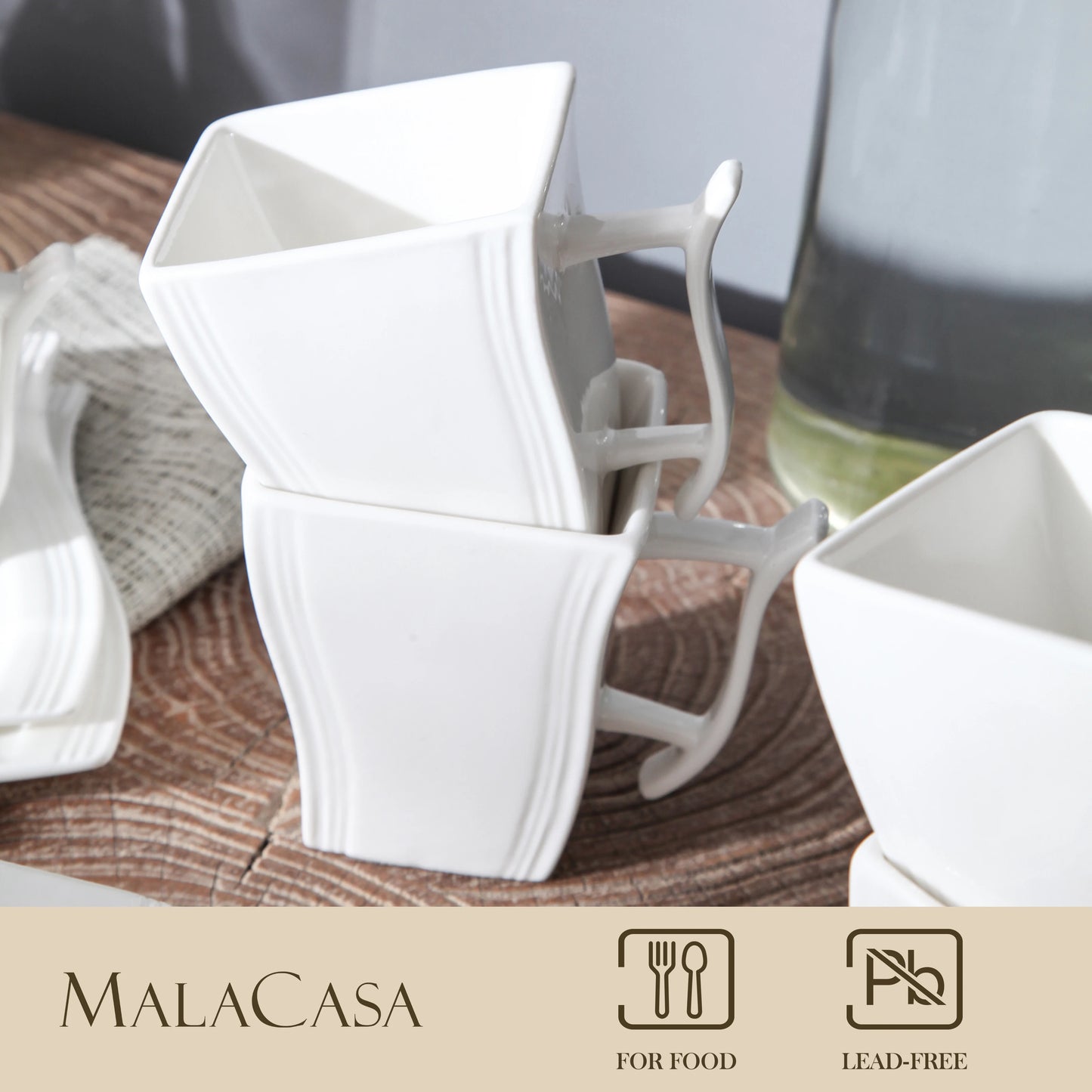 Malacasa Flora 6 Piece Square Ivory White Porcelain Ceramic Tea Espresso Mugs Set