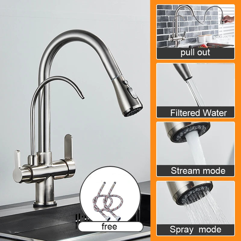 Myqualife Dual Handle Pull Out Kitchen Faucet For Pure Water