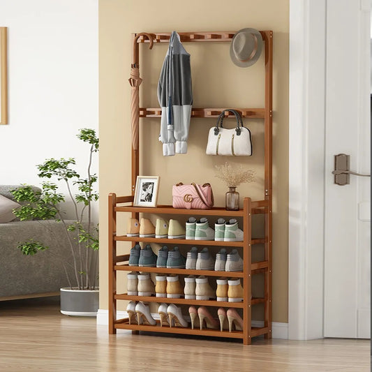 185 Cm Bamboo 5 Tier Hall Tree Coat Stand With 8 Hooks