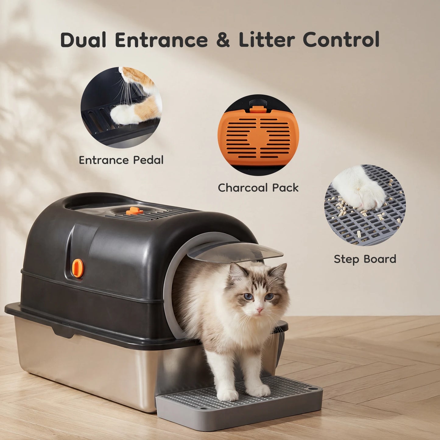 Jhk 24 Inch Stainless Steel Fully Enclosed Large Cat Litter Box with Scoop
