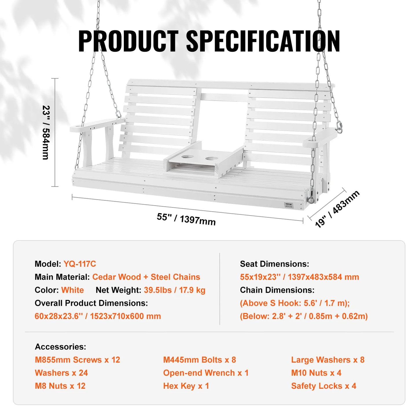 SucceBuy Outdoor Cedar Porch Swing Heavy Duty Patio Bench