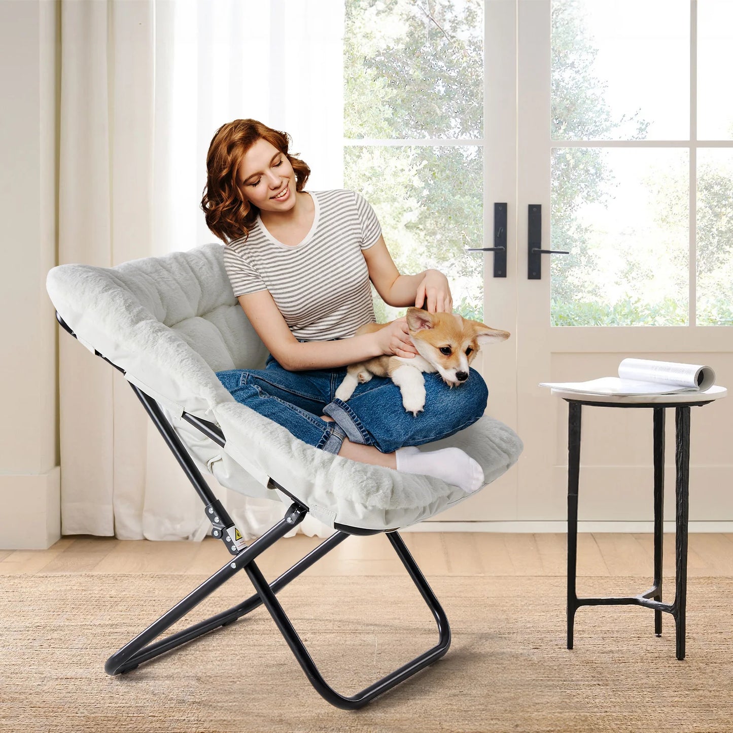 JHK Padded Folding Saucer Lounge Chair With Metal Frame