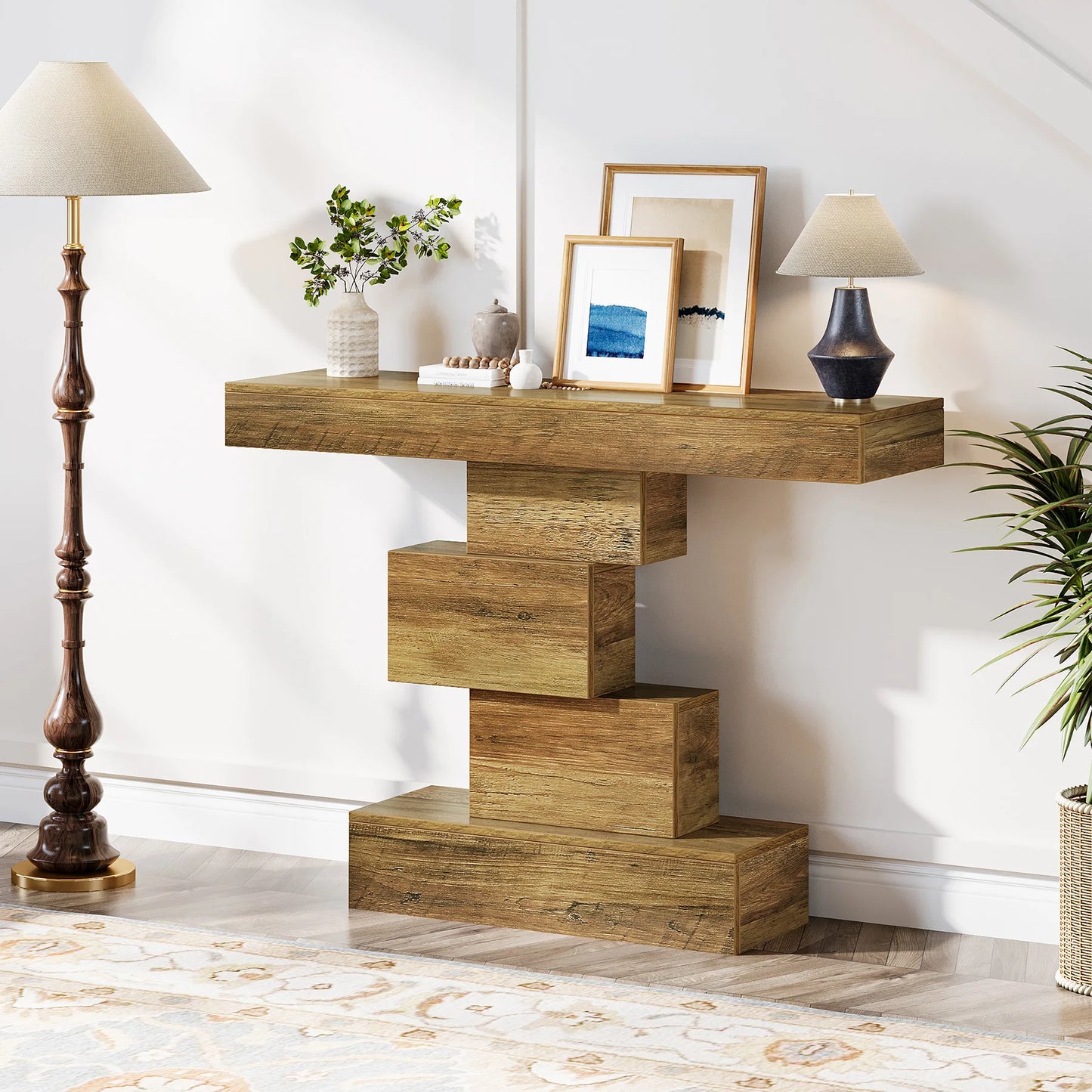 Tribesigns Farmhouse Console Table With Geometric Base And Storage