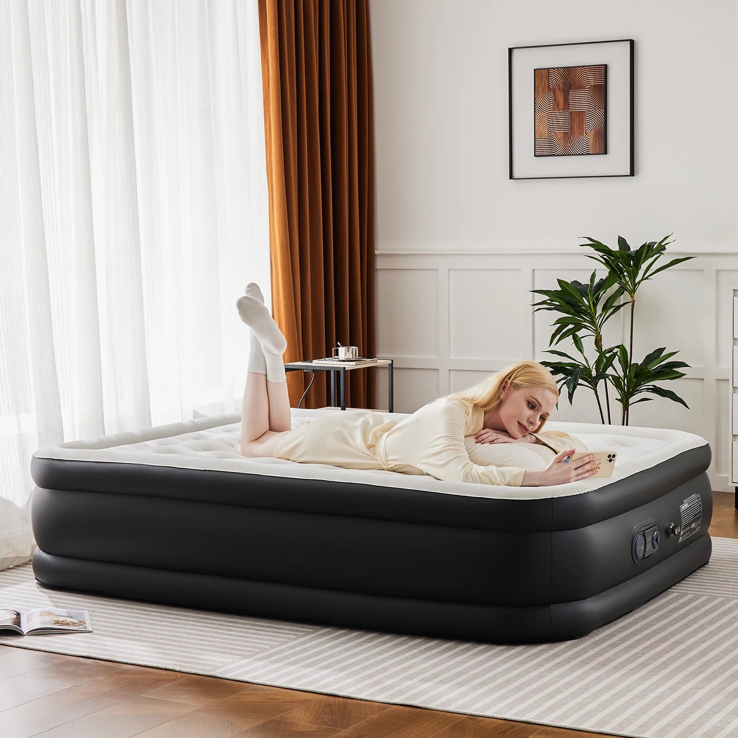 Jhk Queen Air Mattress 13 Inch Double Height With Non Slip Bottom