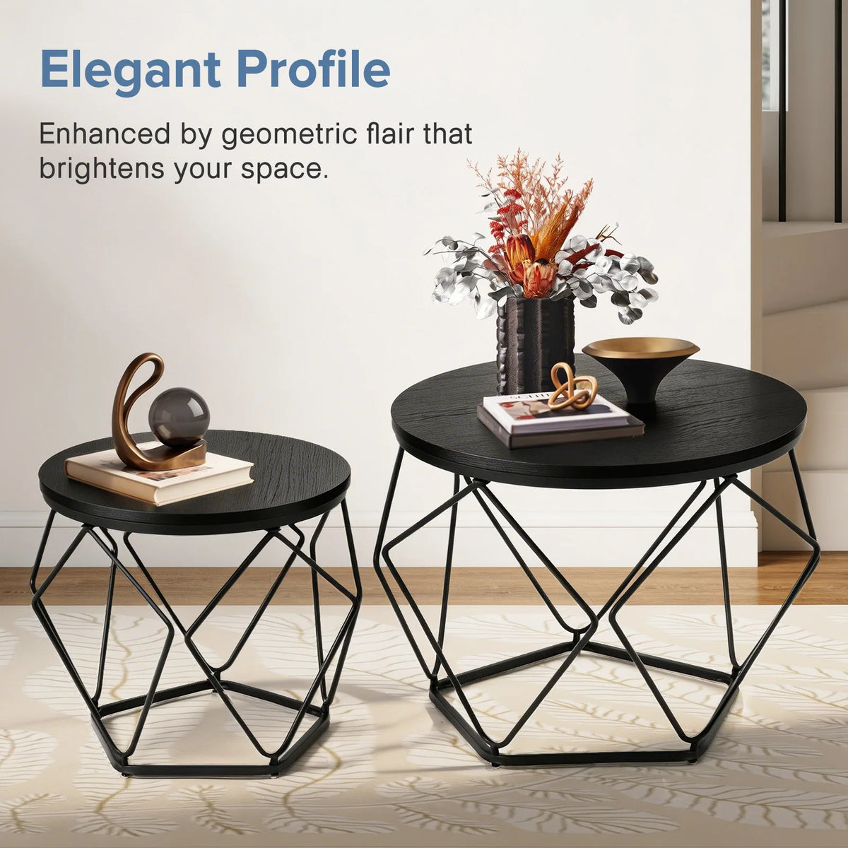 JHK Round Geometric Coffee Table Set With Hidden Storage