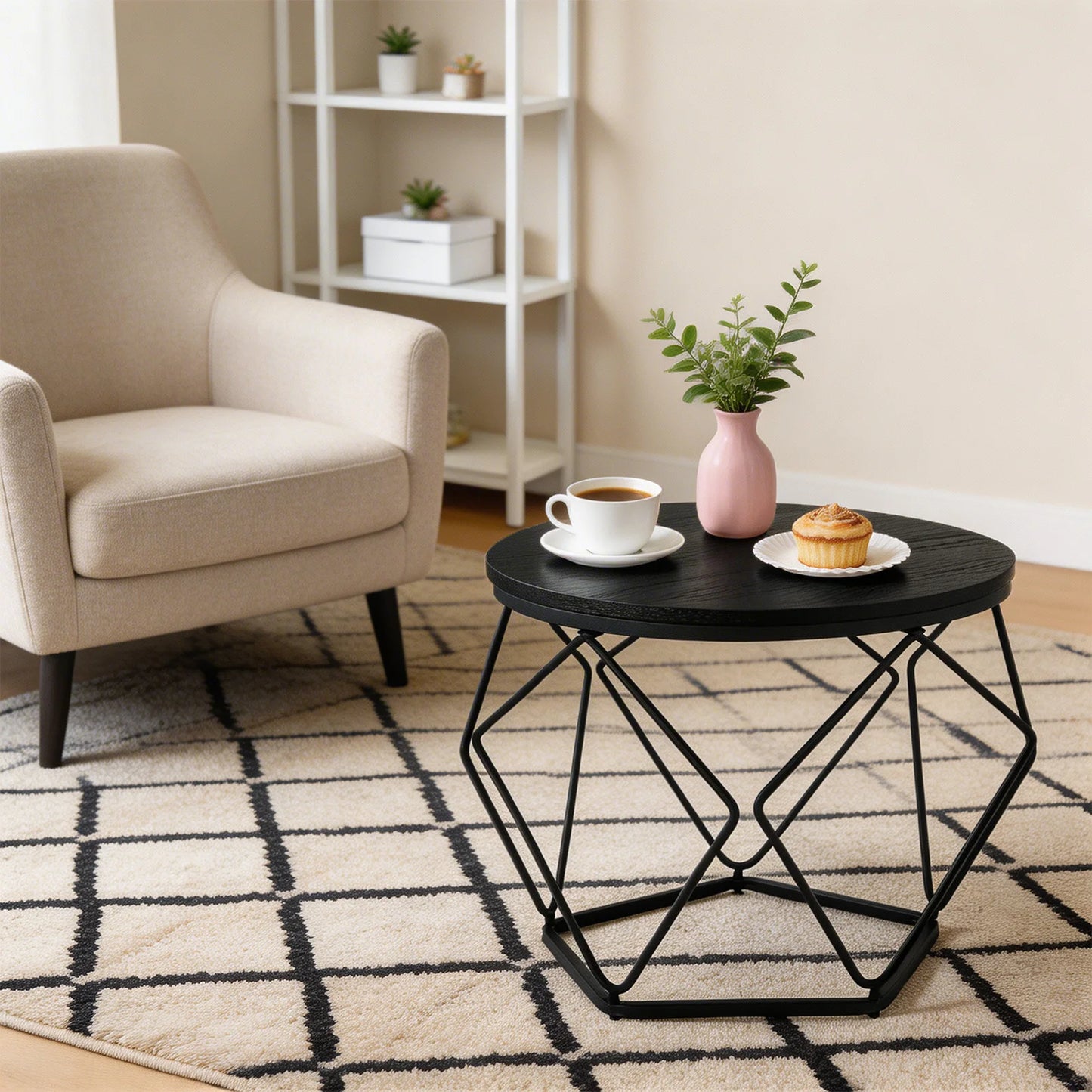 JHK Round Geometric Coffee Table Set With Hidden Storage
