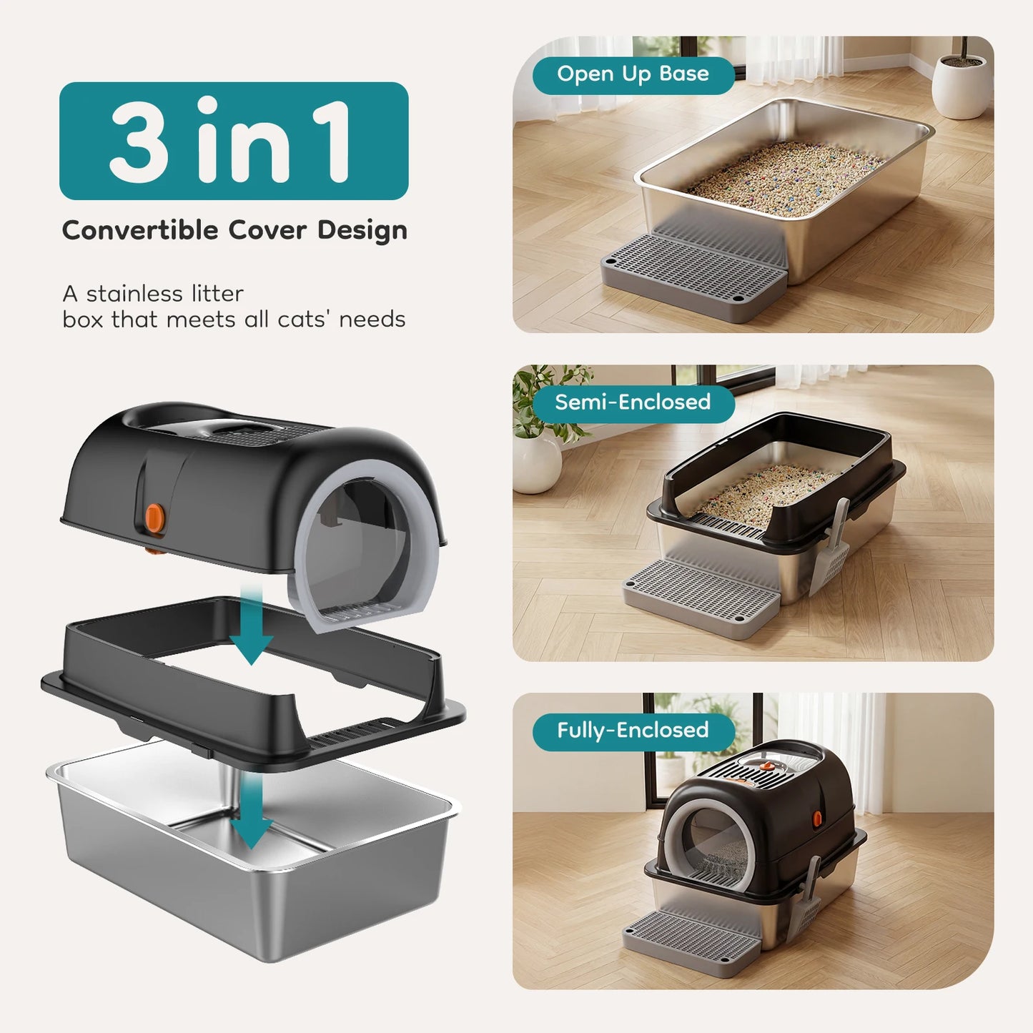 Jhk 24 Inch Stainless Steel Fully Enclosed Large Cat Litter Box with Scoop