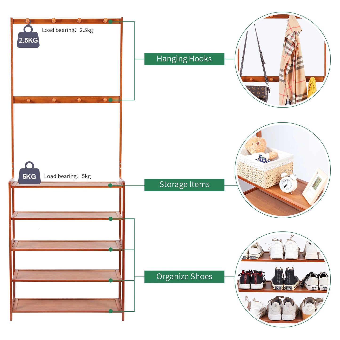185 Cm Bamboo 5 Tier Hall Tree Coat Stand With 8 Hooks