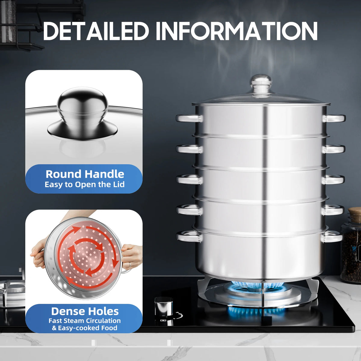 Five Layer Stainless Steel Steam Cooker With Glass Lid