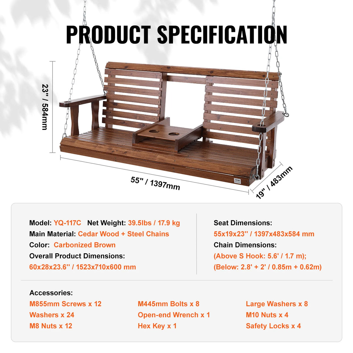 SucceBuy Outdoor Cedar Porch Swing Heavy Duty Patio Bench