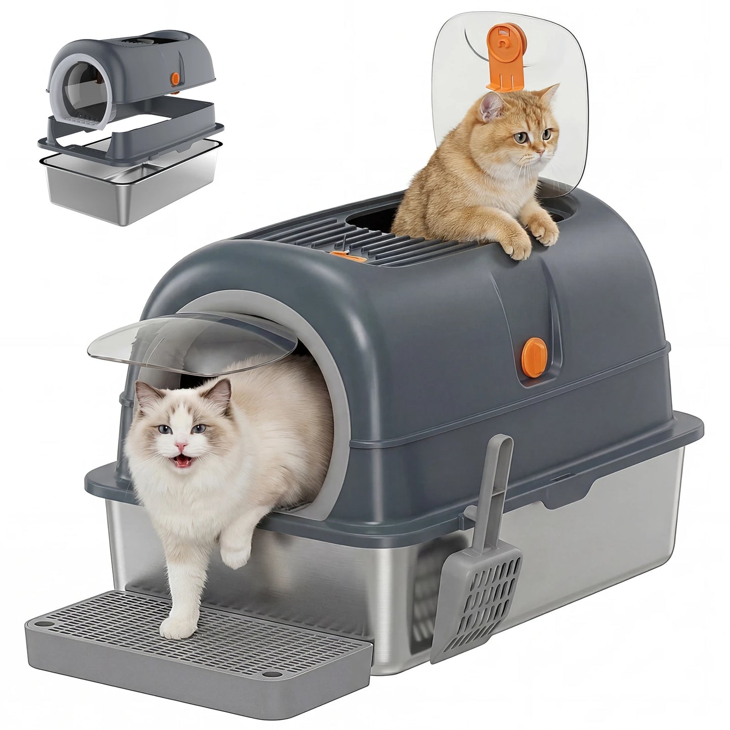 Jhk 24 Inch Stainless Steel Fully Enclosed Large Cat Litter Box with Scoop