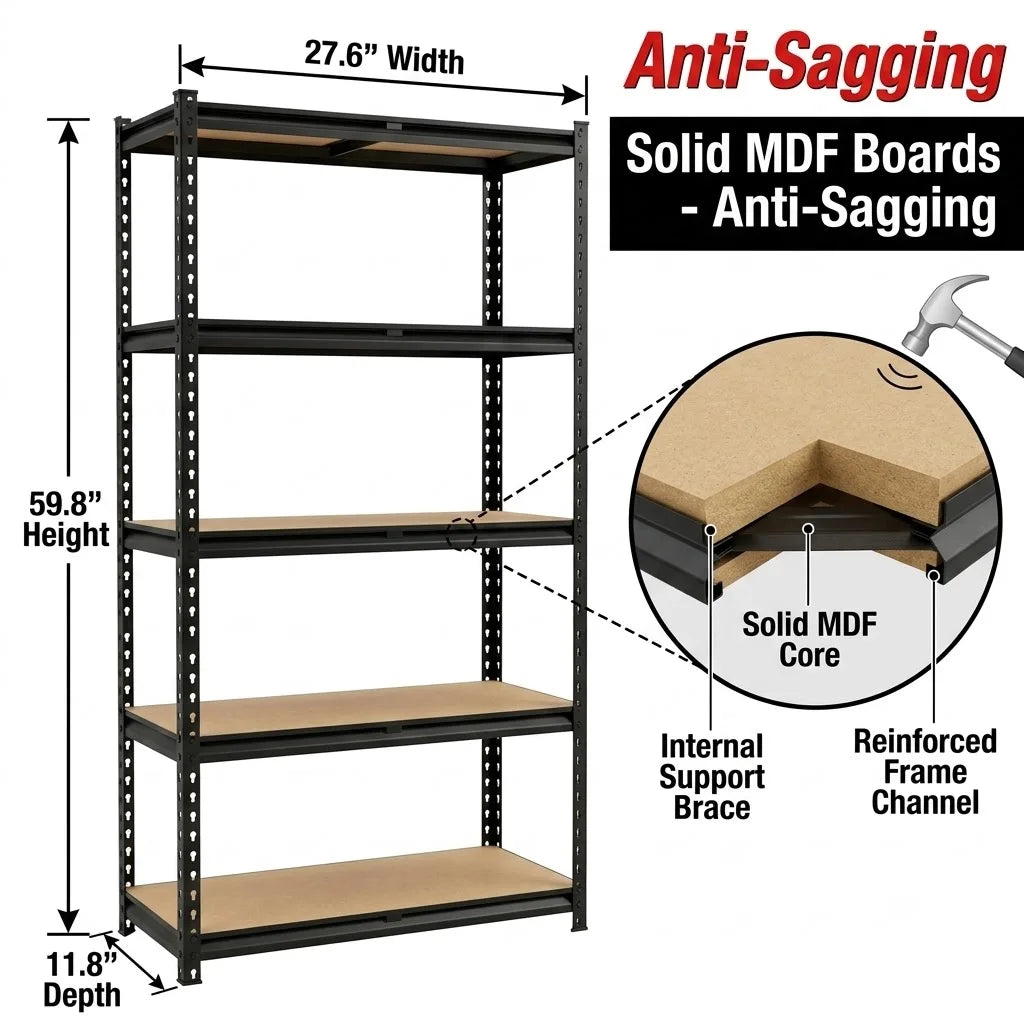 Heavy Duty 5 Tier Metal Storage Rack With Solid Boards