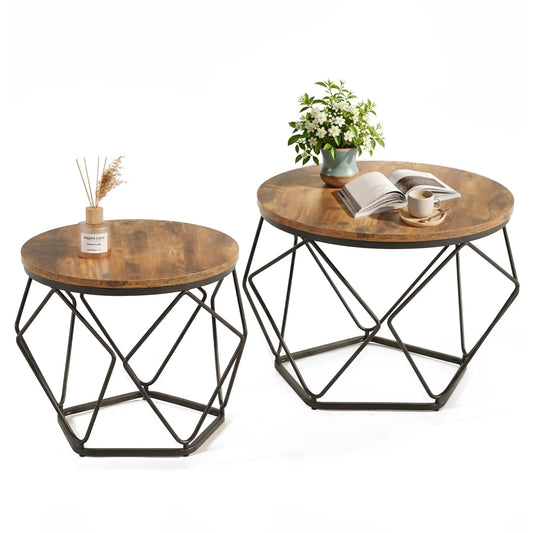 JHK Round Geometric Coffee Table Set With Hidden Storage
