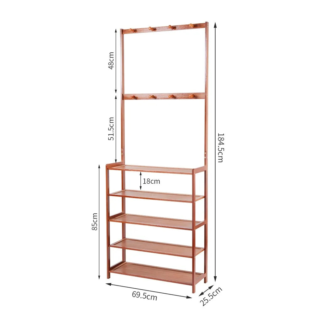 185 Cm Bamboo 5 Tier Hall Tree Coat Stand With 8 Hooks
