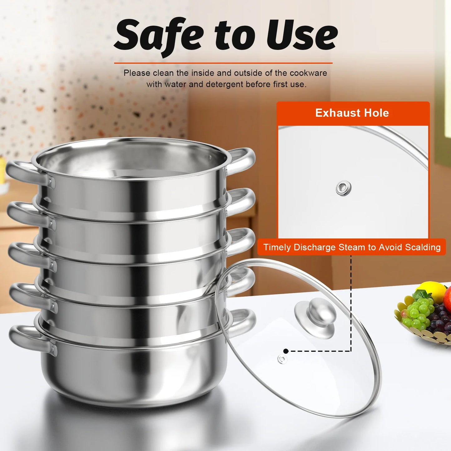 Five Layer Stainless Steel Steam Cooker With Glass Lid
