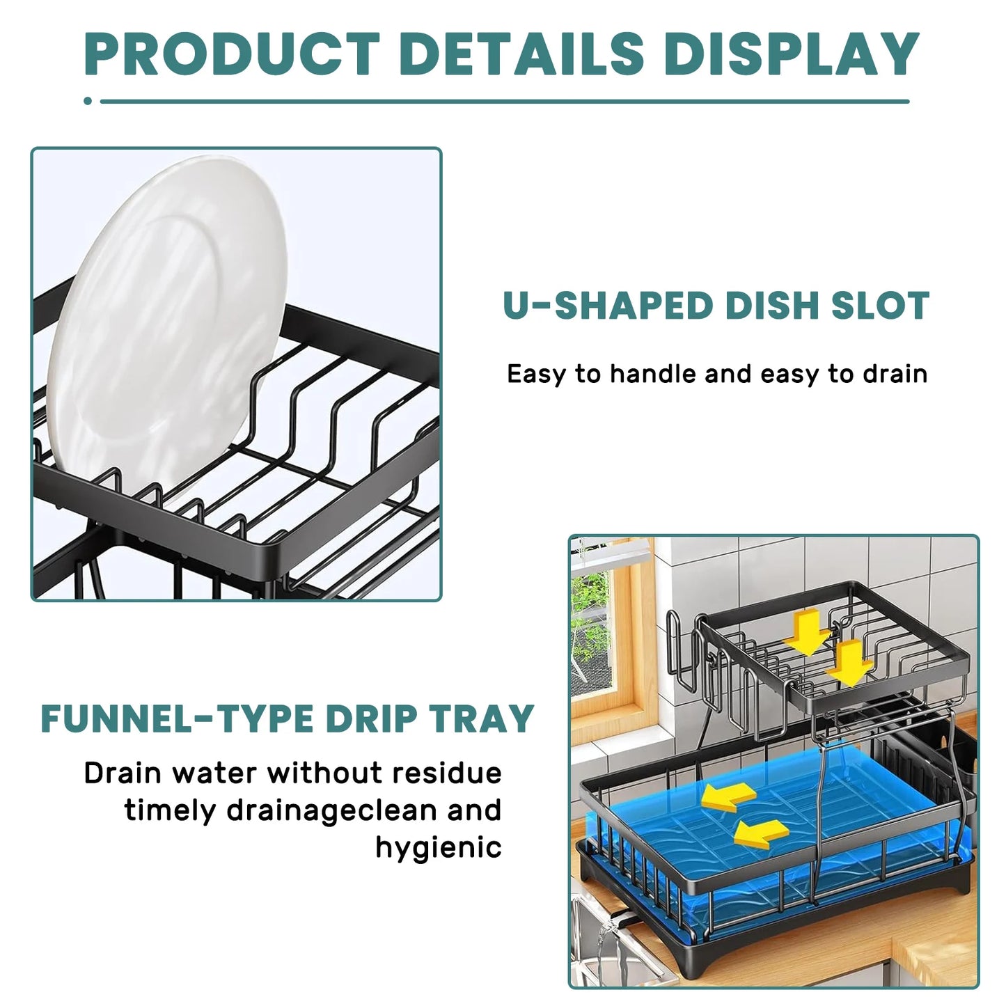 Large Two Tier Metal Dish Drying Rack For Kitchen Countertop
