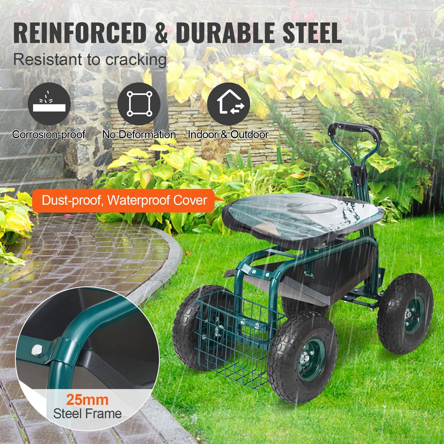 SucceBuy Swivel Seat Garden Cart With Rolling Wheels For Gardening