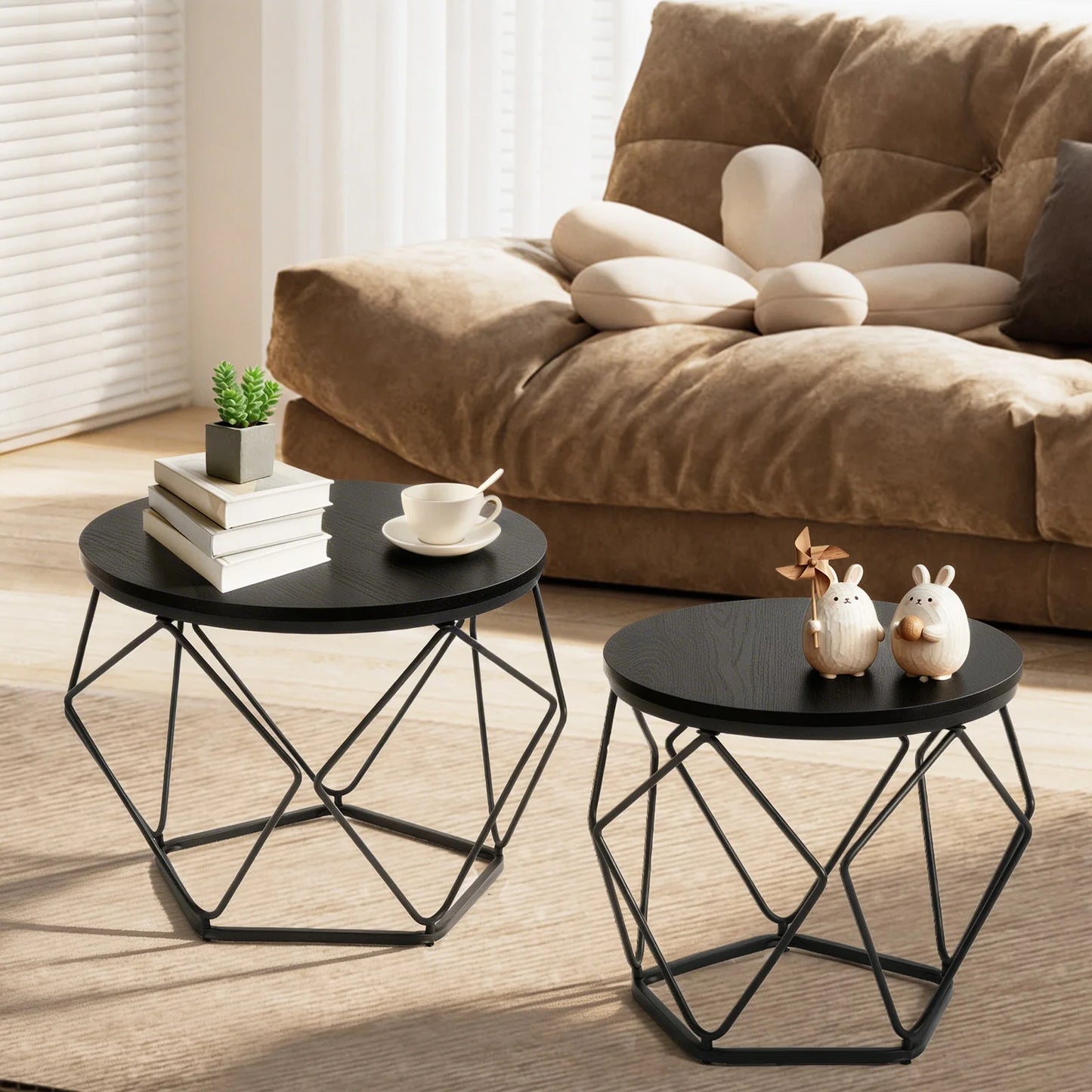 JHK Round Geometric Coffee Table Set With Hidden Storage