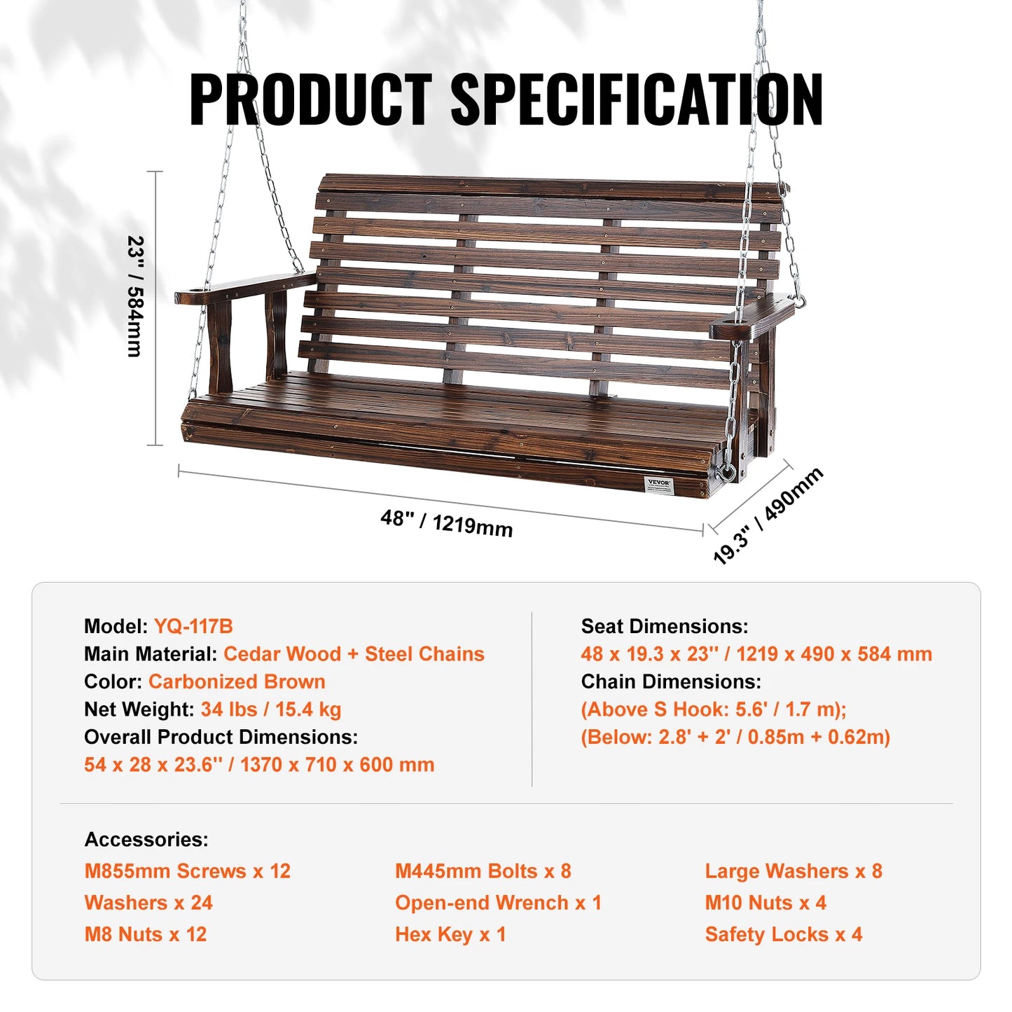 SucceBuy Outdoor Cedar Porch Swing Heavy Duty Patio Bench