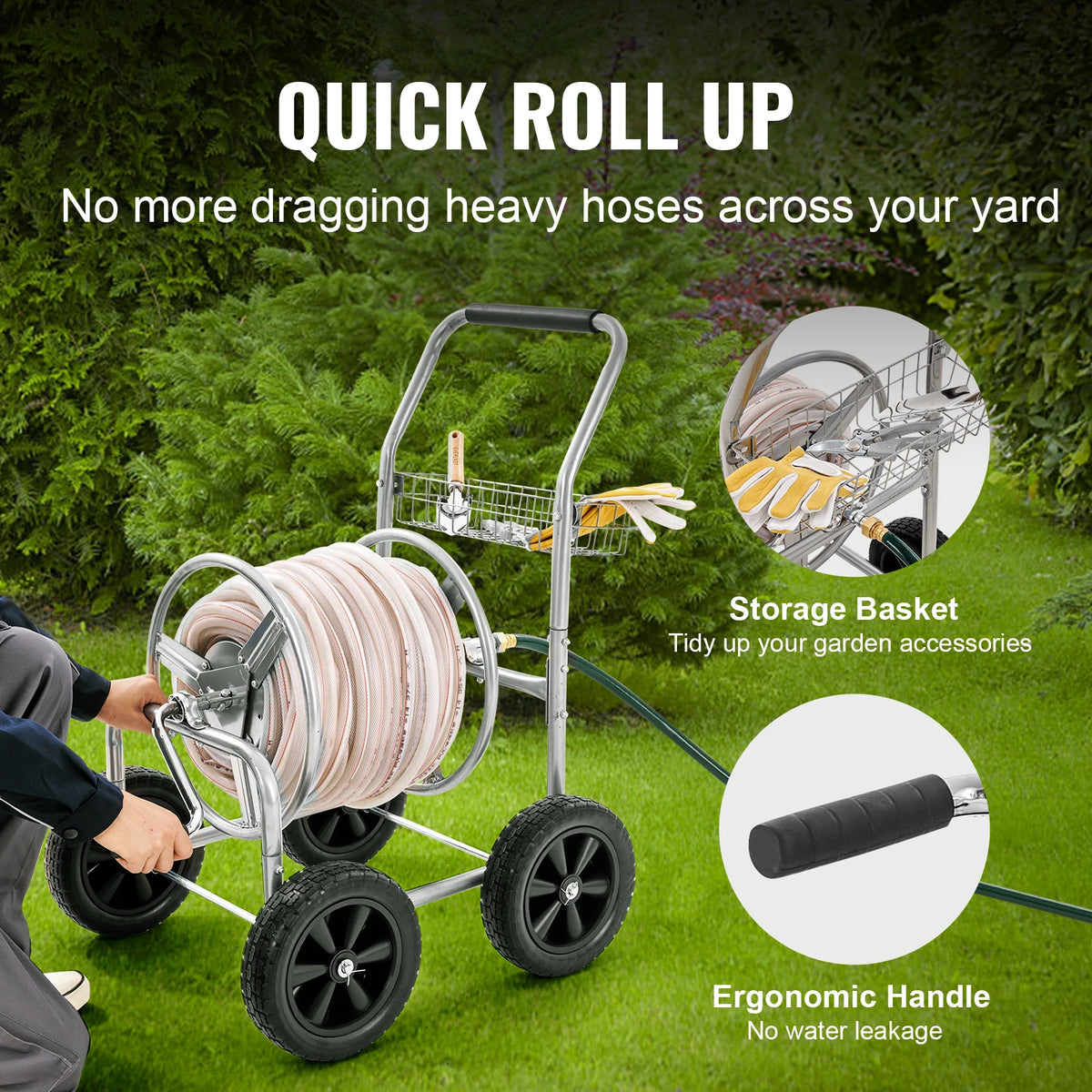 SucceBuy Heavy Duty Garden Hose Reel Cart With Basket