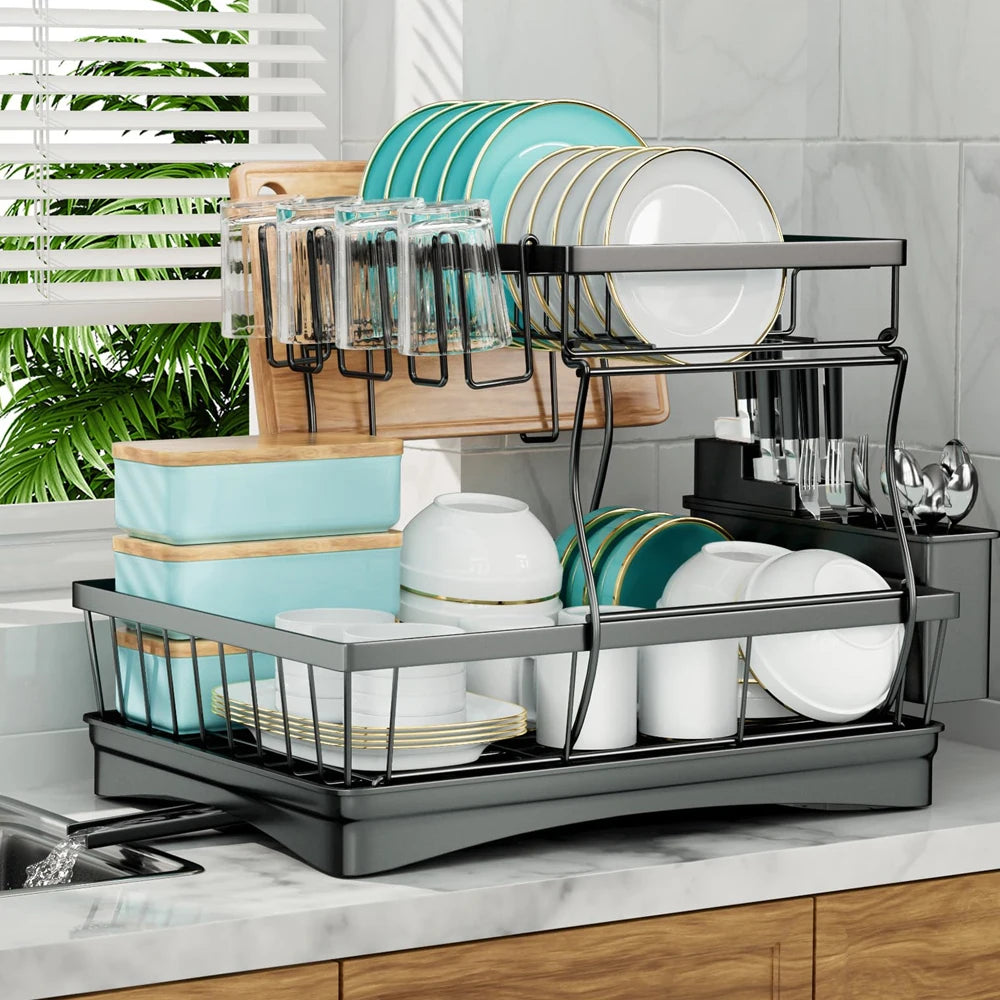 Large Two Tier Metal Dish Drying Rack For Kitchen Countertop