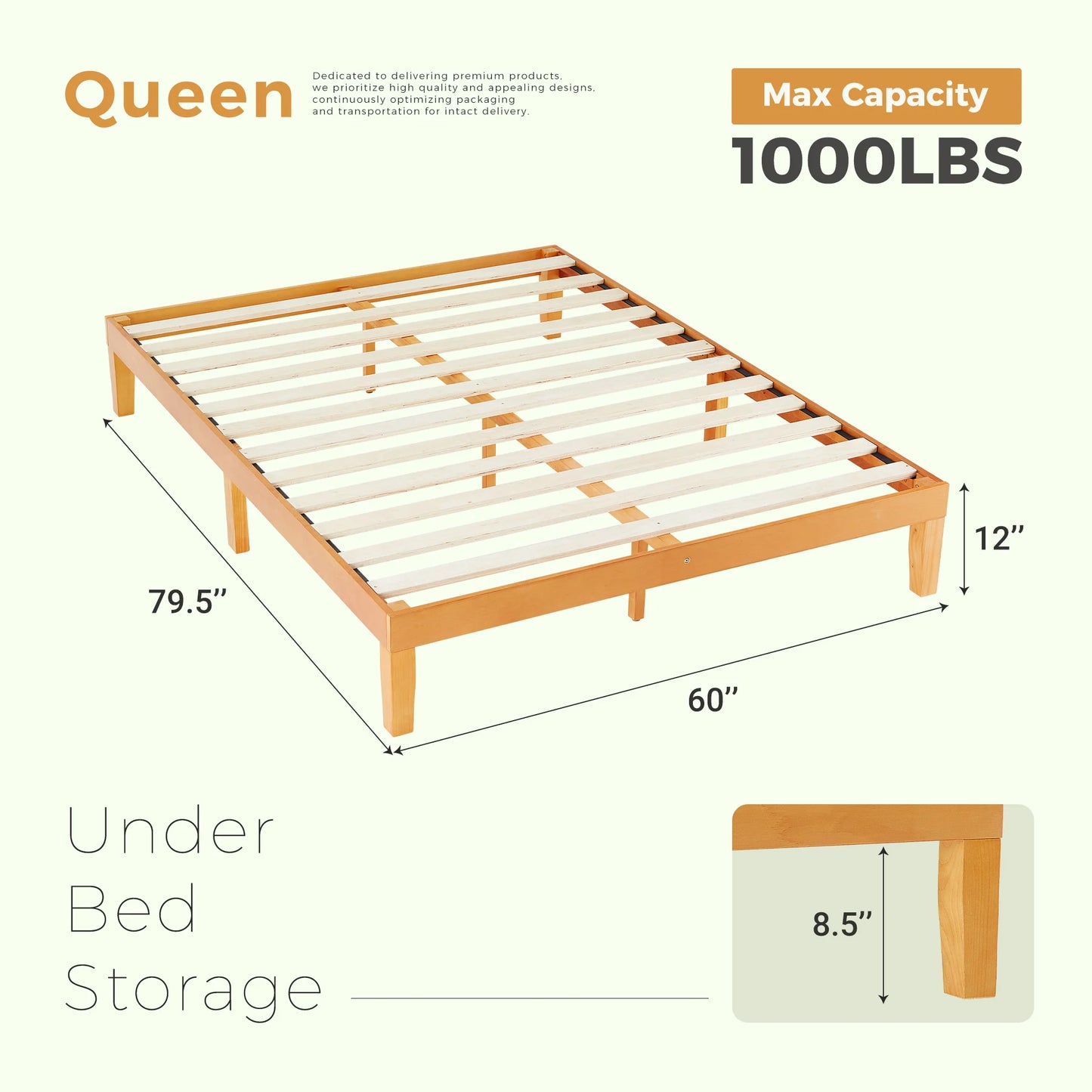 JHK Solid Wood Bed Frame With Sturdy Slat Support
