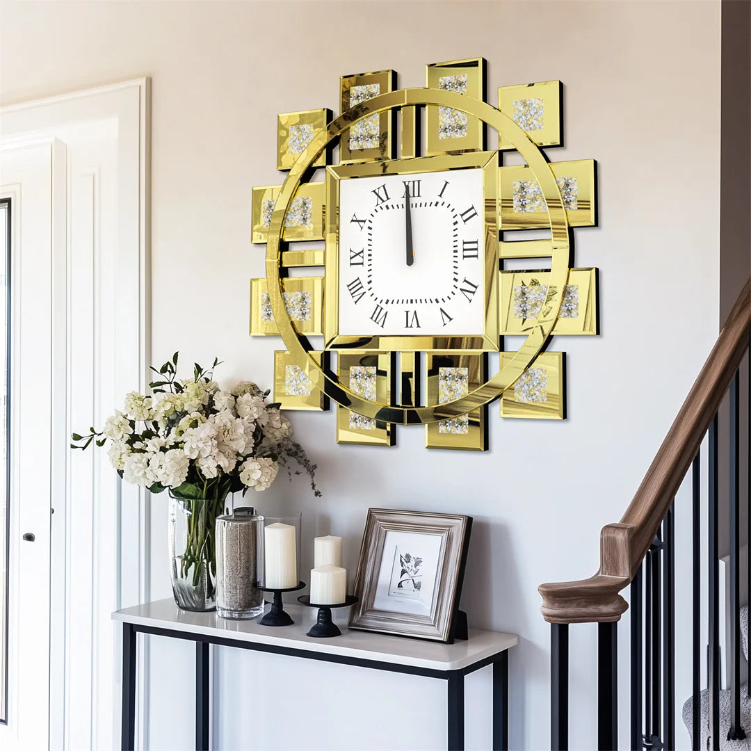 Resin Decorative Wall Clock With Silver Golden Crystal Crushed Diamond Inlay