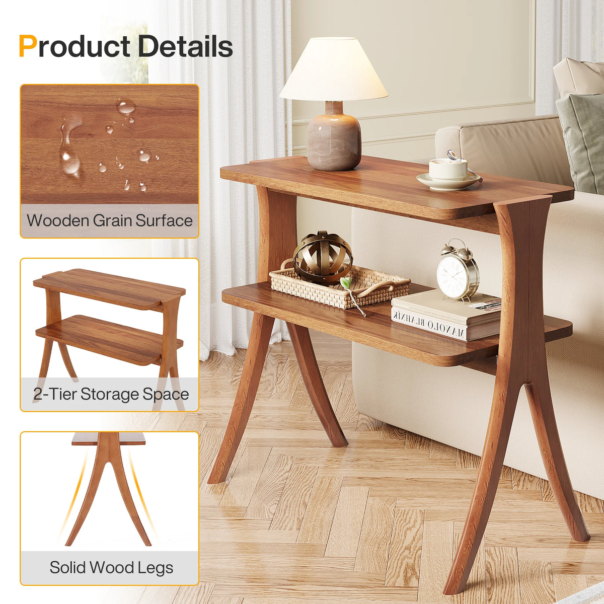 Tribesigns Walnut Side Table With Two Tier Storage Shelf