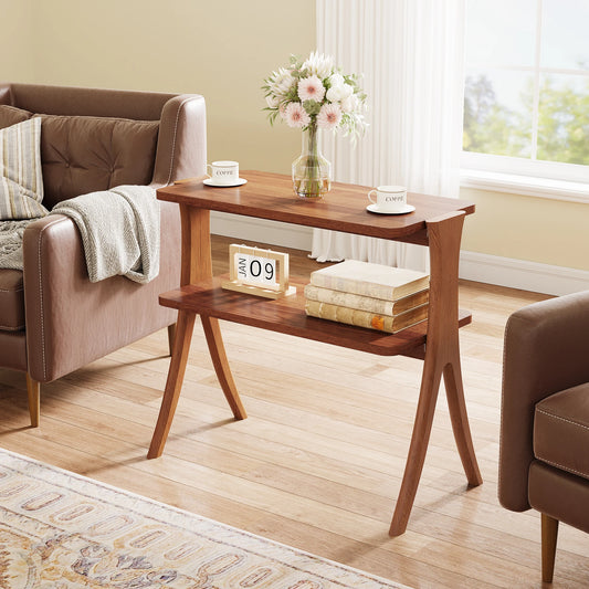 Tribesigns Walnut Side Table With Two Tier Storage Shelf