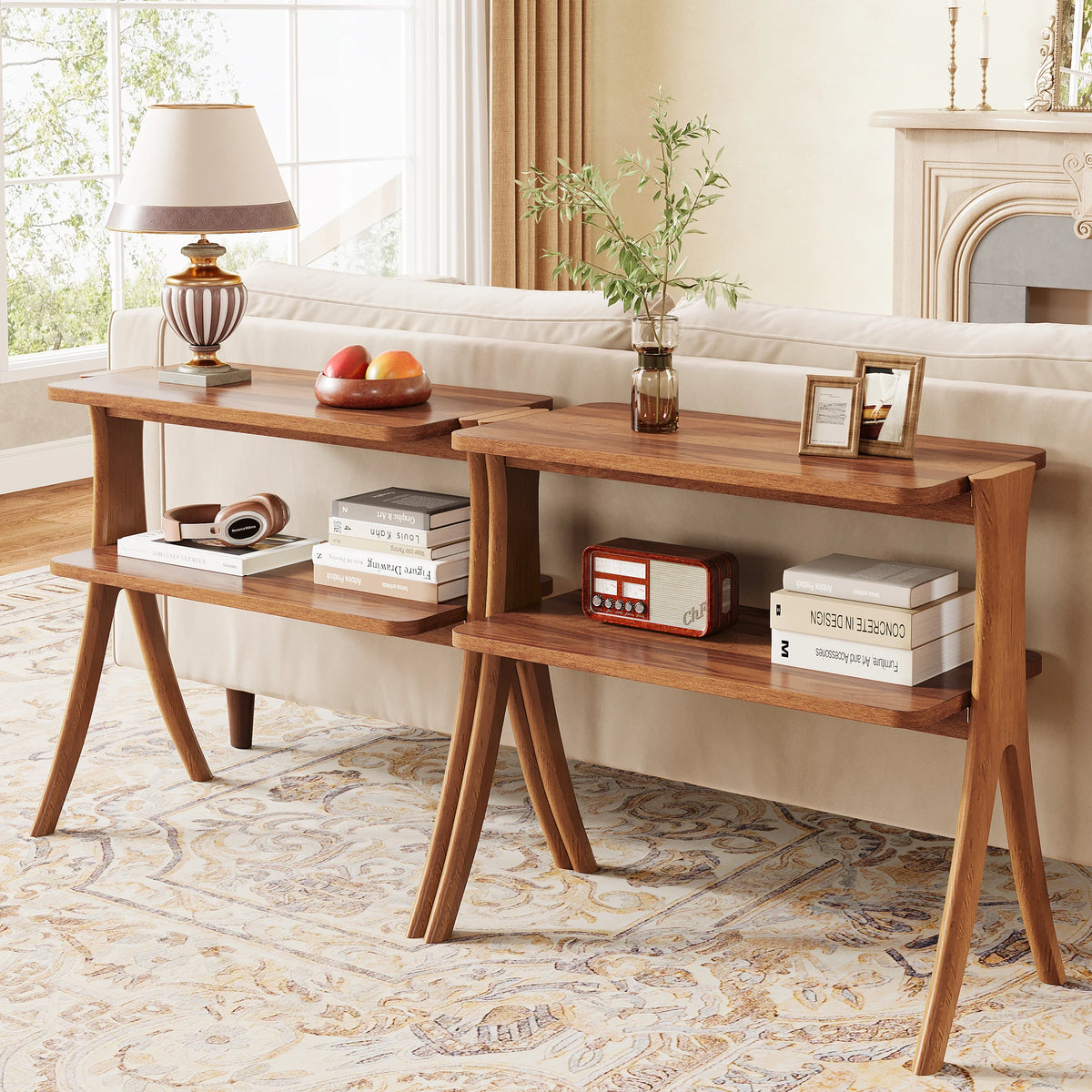 Tribesigns Walnut Side Table With Two Tier Storage Shelf