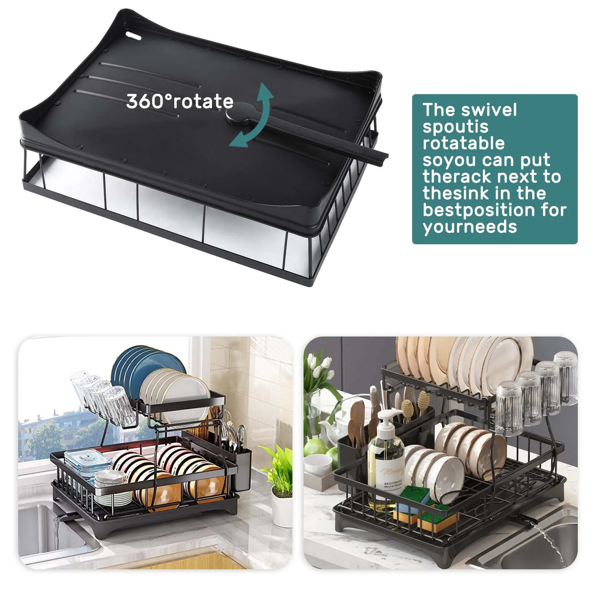 Large Two Tier Metal Dish Drying Rack For Kitchen Countertop