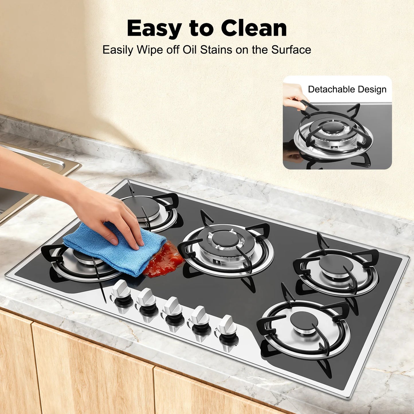 Bymaocar 5 Burners Built In Gas Stove Dual Fuel NG LPG Convertible Hob