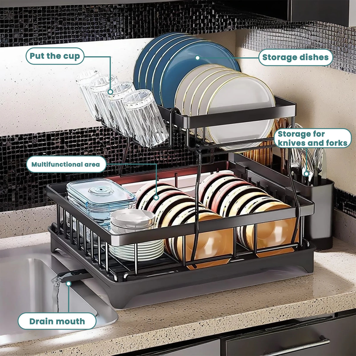 Large Two Tier Metal Dish Drying Rack For Kitchen Countertop